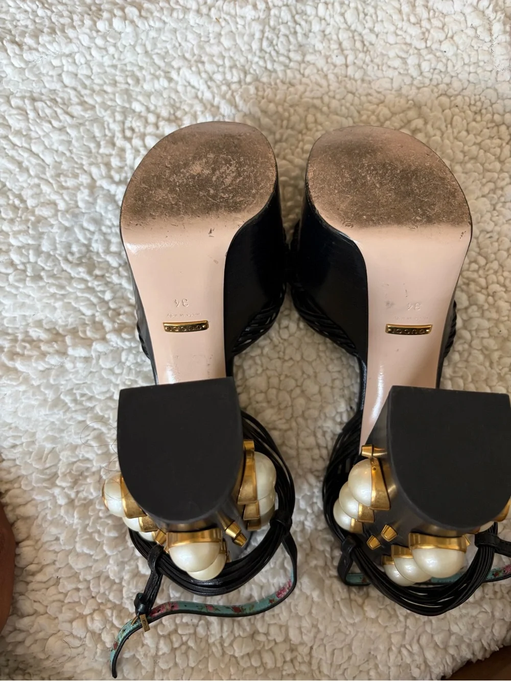 Gucci Black Leather Knotted Platform Sandals with Pearl & Gold Accent